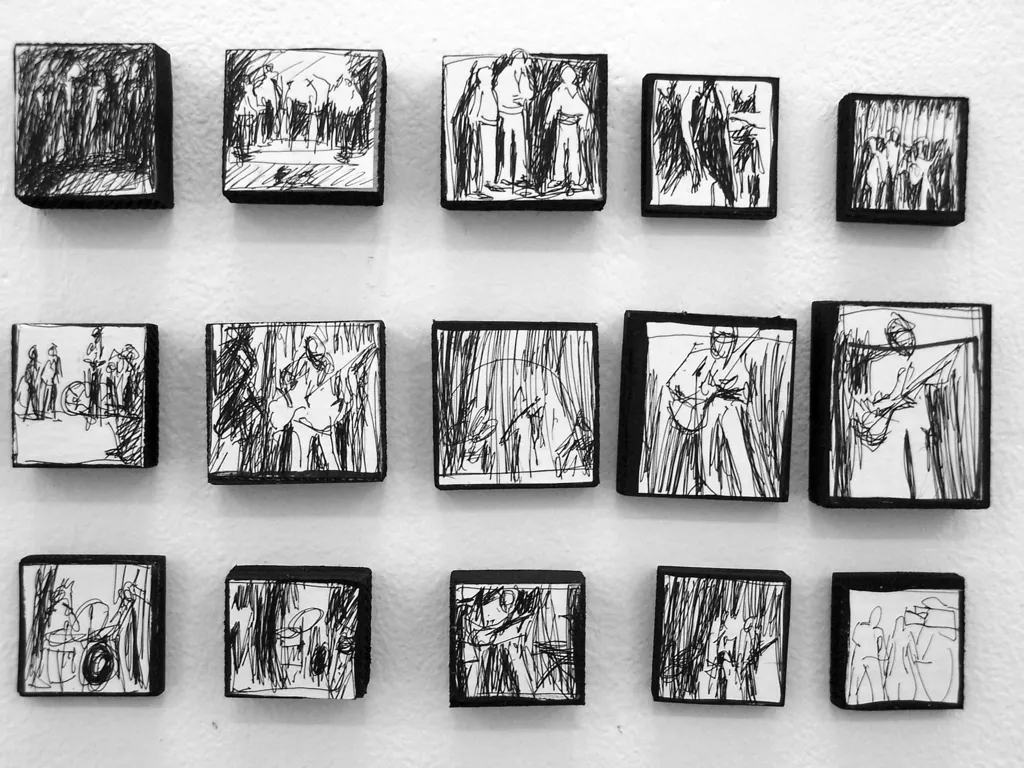 Alma_cace_concert scene_ball_pen___paper_laminated_on_wood_different_size_15_pieces
