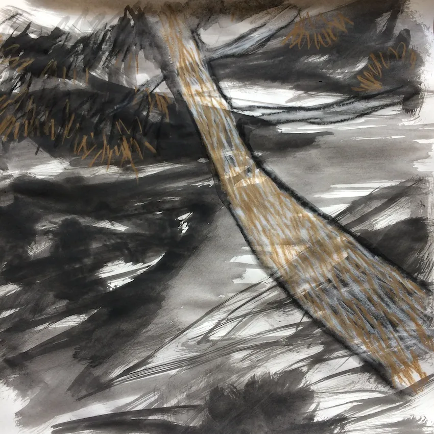 alma_cace_pine_tree_connecting_line_mix_media_on_paper_40X40_cm